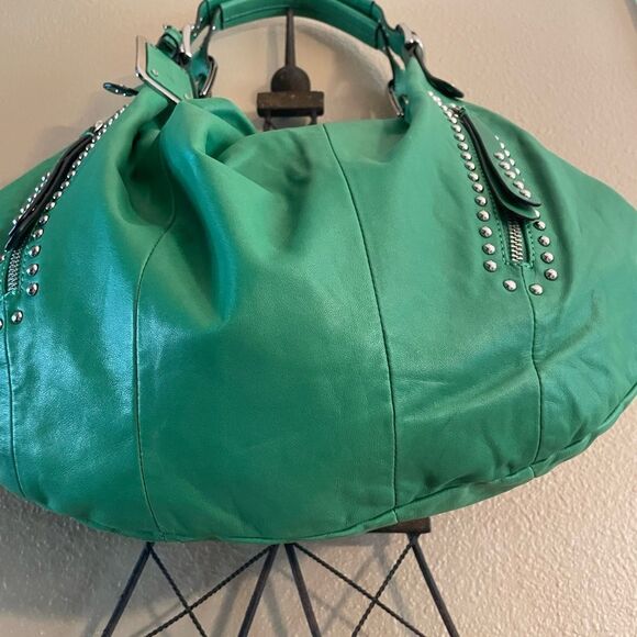 B. Makowsky Green Gorgeous Leather Leppard Print Silver Metal Studs Hobo Bag - Picture 5 of 16